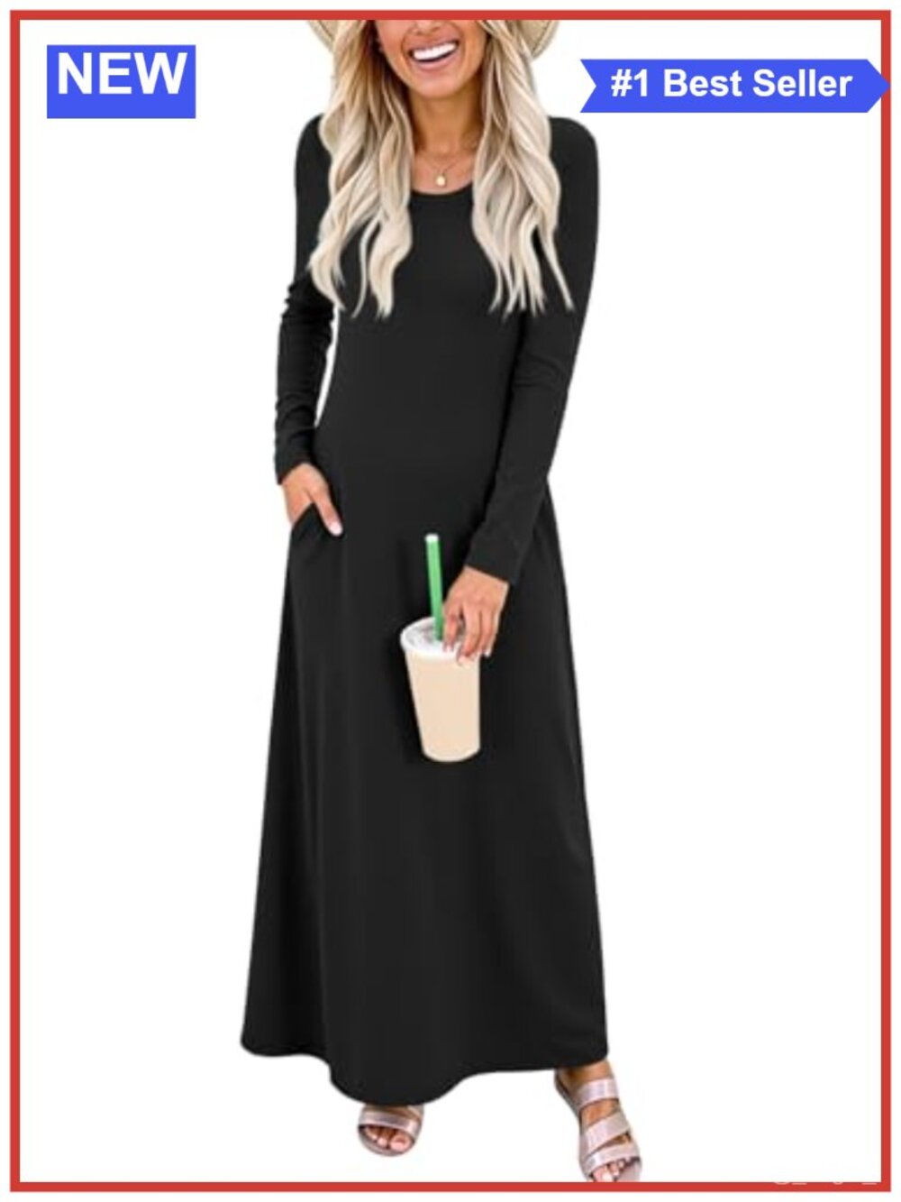 Womens Maxi Dress Long Sleeve Casual Crewneck Loose A-Line Flowy